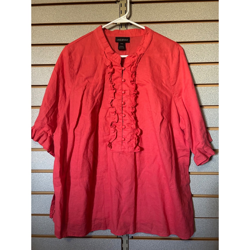 Lane Bryant Coral Pink Linen Blend Ruffle Front Blouse Size 18/20 Short Sleeve